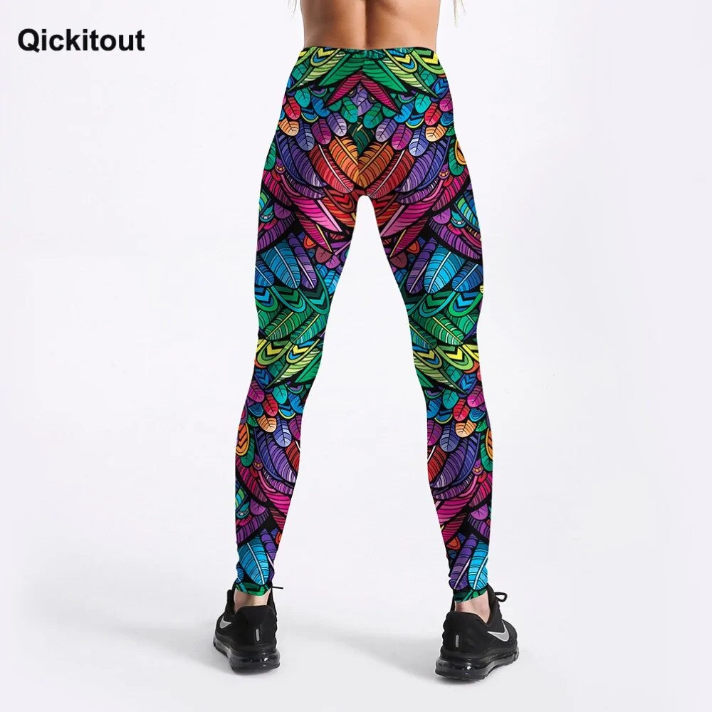 Pantalones deportivos de cintura media para mujer con estampado 3D de plumas de colores de Quickitout