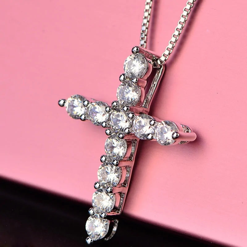 Crystal Cross Pendant Silver Chain Necklace