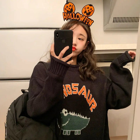 Cartoon Letter Sweater, Jacquard Dinosaur Sweater Frugal Finds Galore