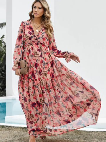 Women's V-Neck Loose Printed Long Sleeve Dress Frugal Finds Galore