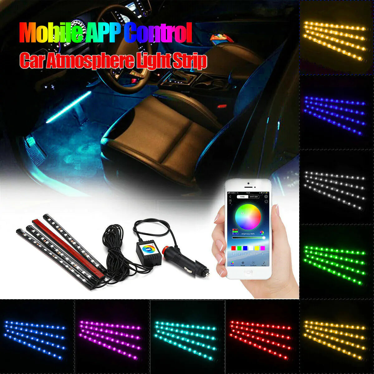 4X 48LED RGB Car Interior Atmosphere Light Strip Bar Bluetooth APP Music Control