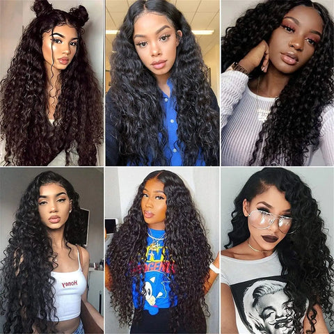 Womens Brazilian human long curly lace wavy hair wigs collection displaying various styles and textures.