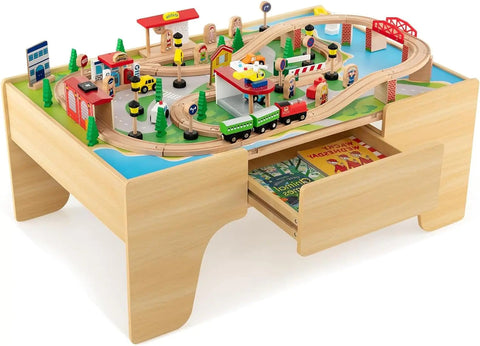 3-in-1 Wooden Train Set Table with Reversible 84 PCS Track, Train Toys, Table Map & Storage Drawer + Frugal Finds Galore