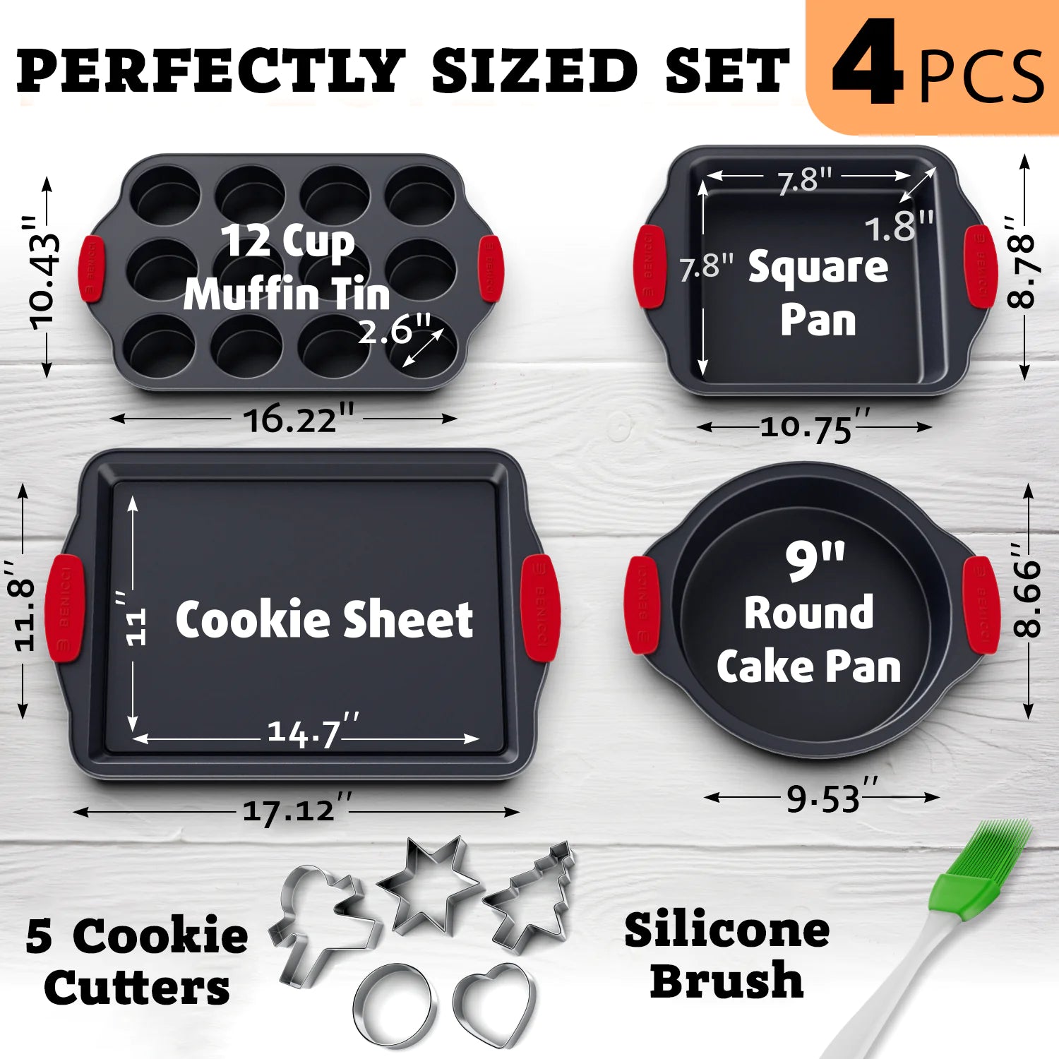 Premium Non-Stick Baking Pans Set of 4 - Heavy Duty Easy to Clean Bakeware Sets w/ Silicone Handles